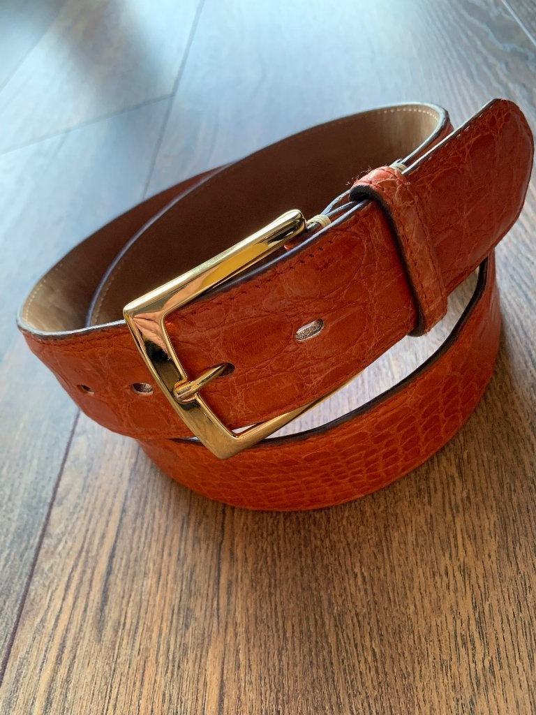 Fausto Colato krokodillen leren riem luxe messing gesp, Echt leder, Ophalen of Verzenden, Zo goed als nieuw, Bruin