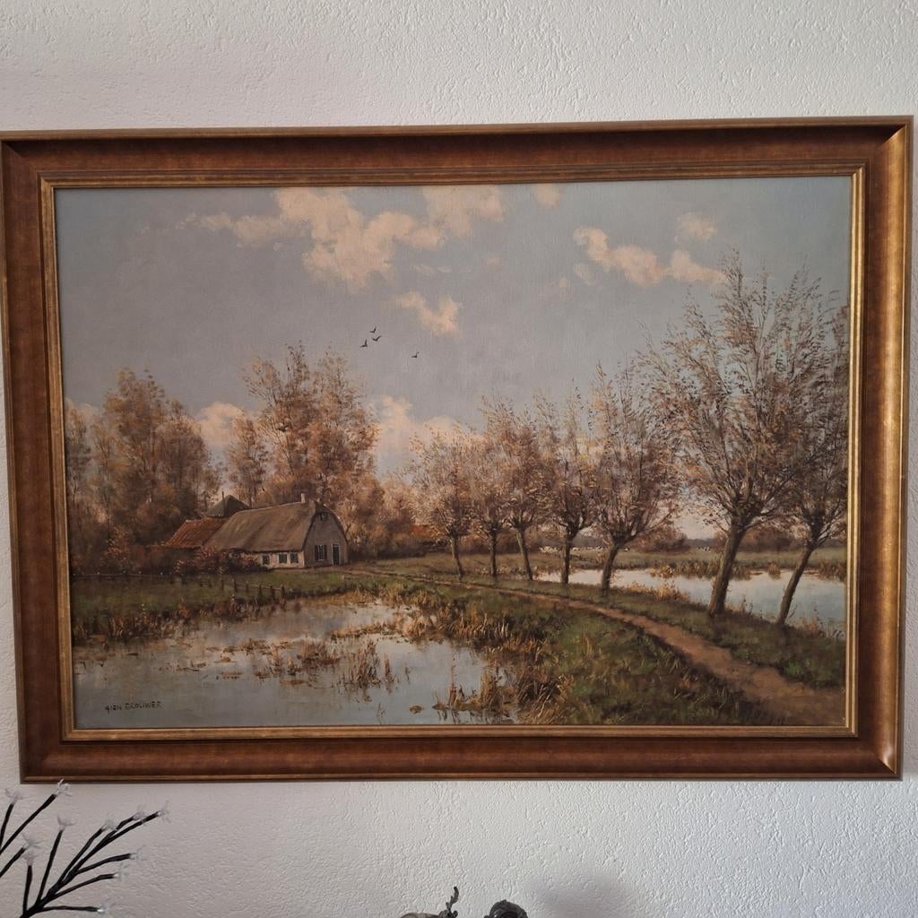 Schilderij Gien Brouwer - Hollands Landschap, Ophalen of Verzenden