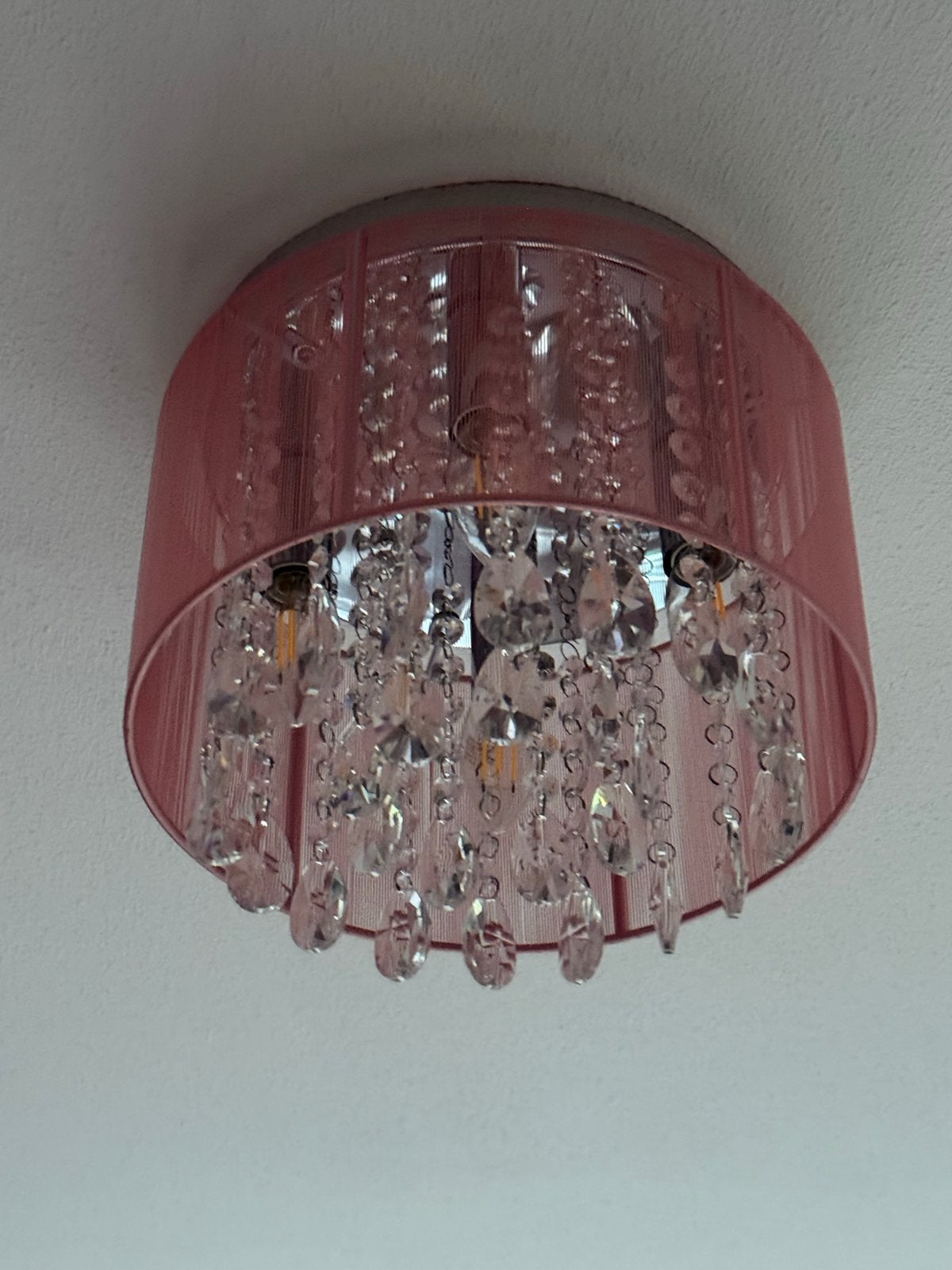 Roze Plafondlamp met Kristallen Hangers, Ophalen of Verzenden, Zo goed als nieuw, Textiel, E14 (klein)