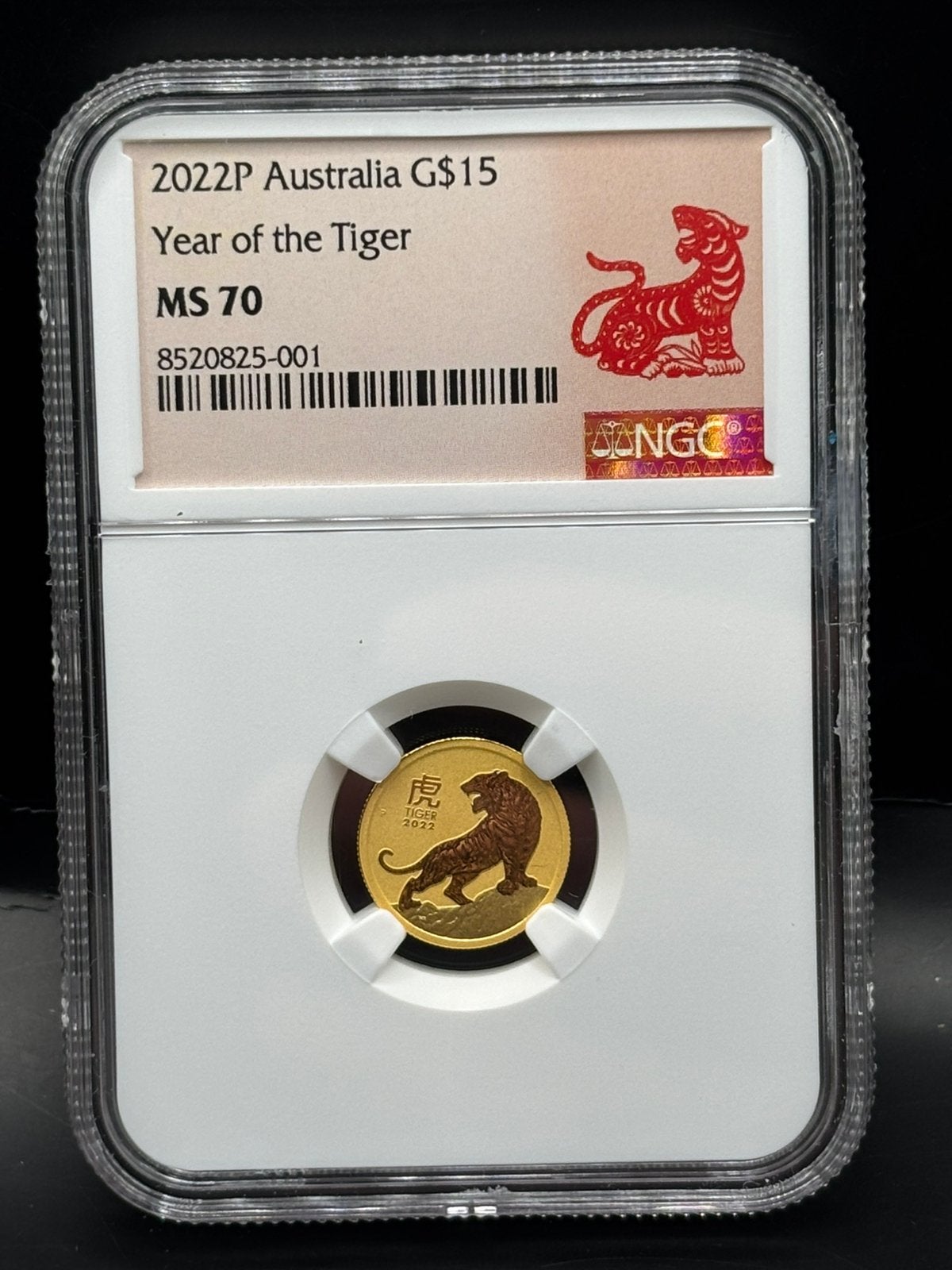 1/10 lunar year of the tiger 3,11 gram goud ngc ms70, Ophalen of Verzenden, Goud