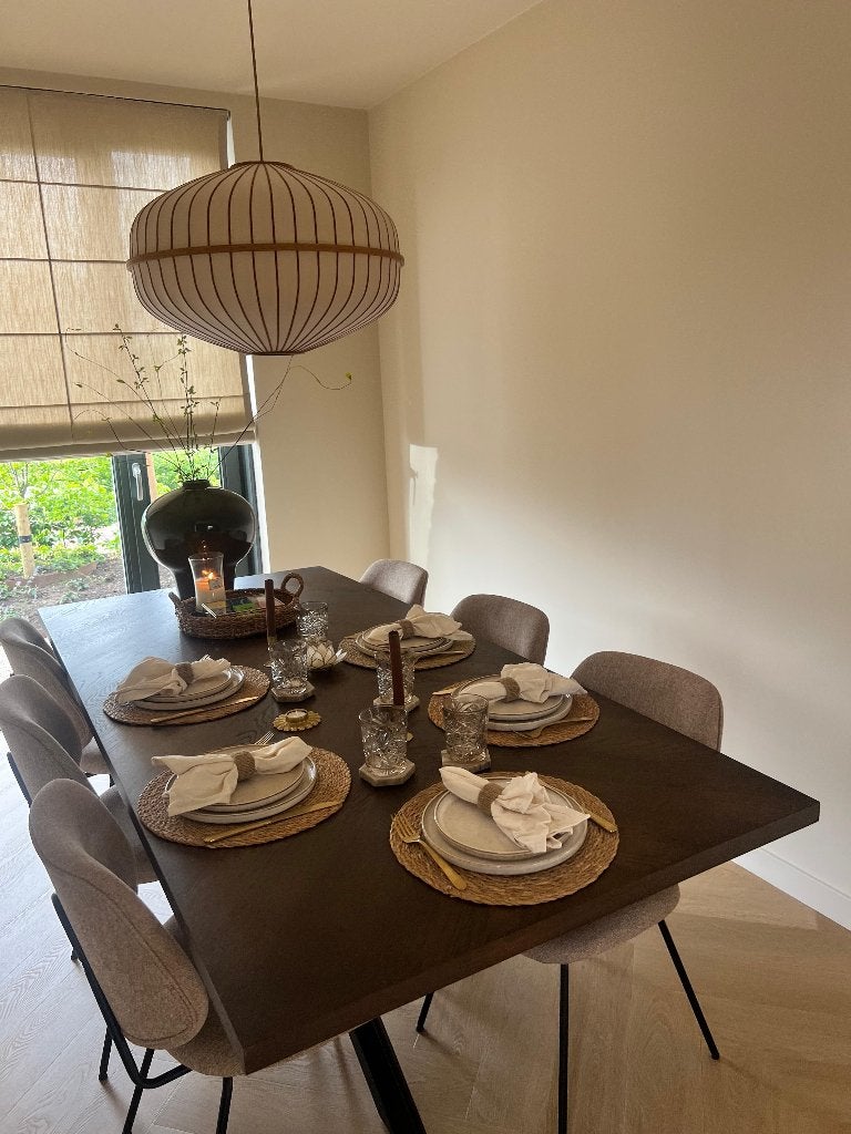 Eettafel visgraatpatroon en 6 stoelen, Huis en Inrichting, Tafels | Eettafels, Ophalen, 200 cm of meer, 50 tot 100 cm, Zo goed als nieuw