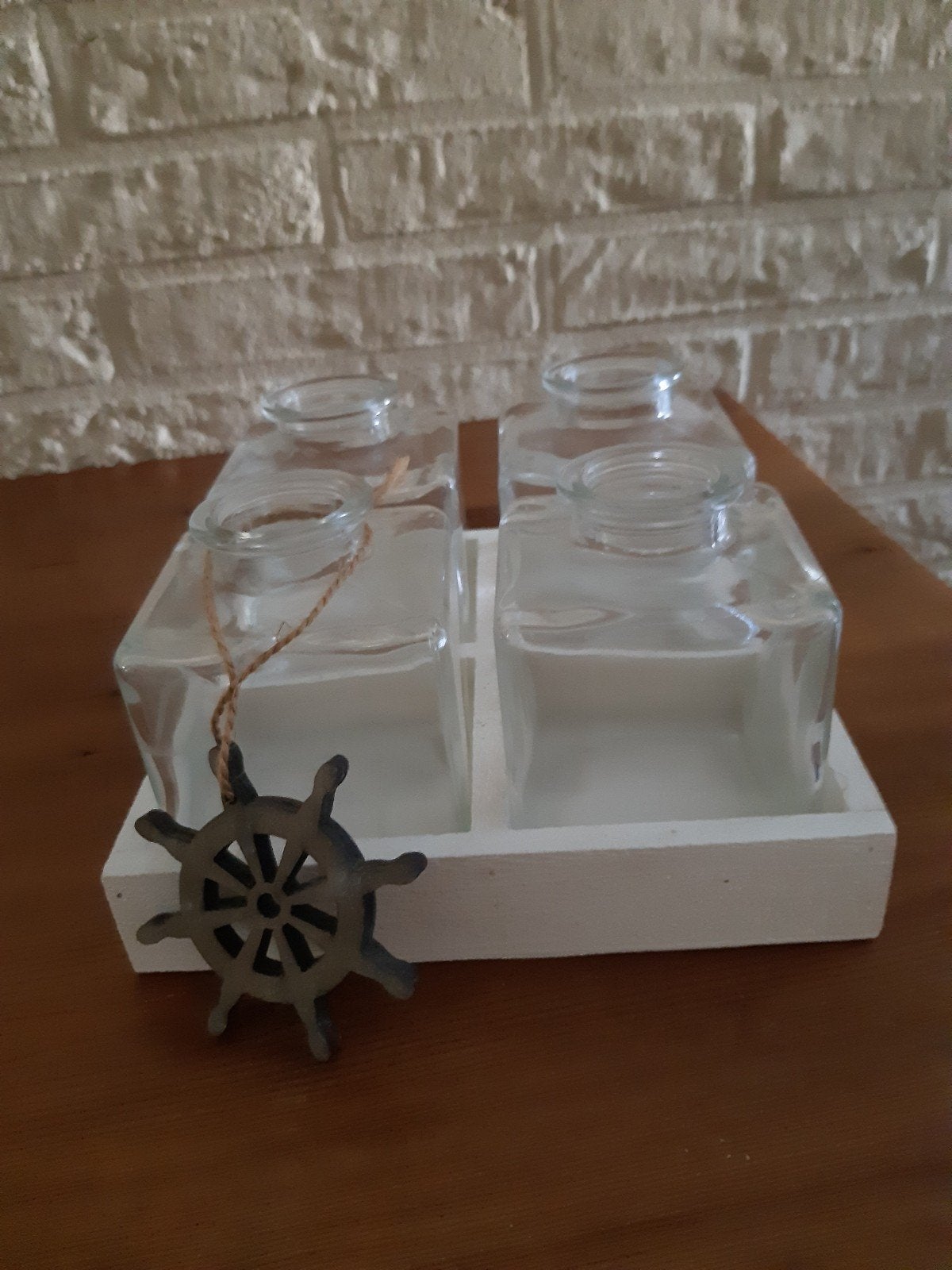 Leuke decoratieset met glazen potjes en houten dienblad, Ophalen of Verzenden