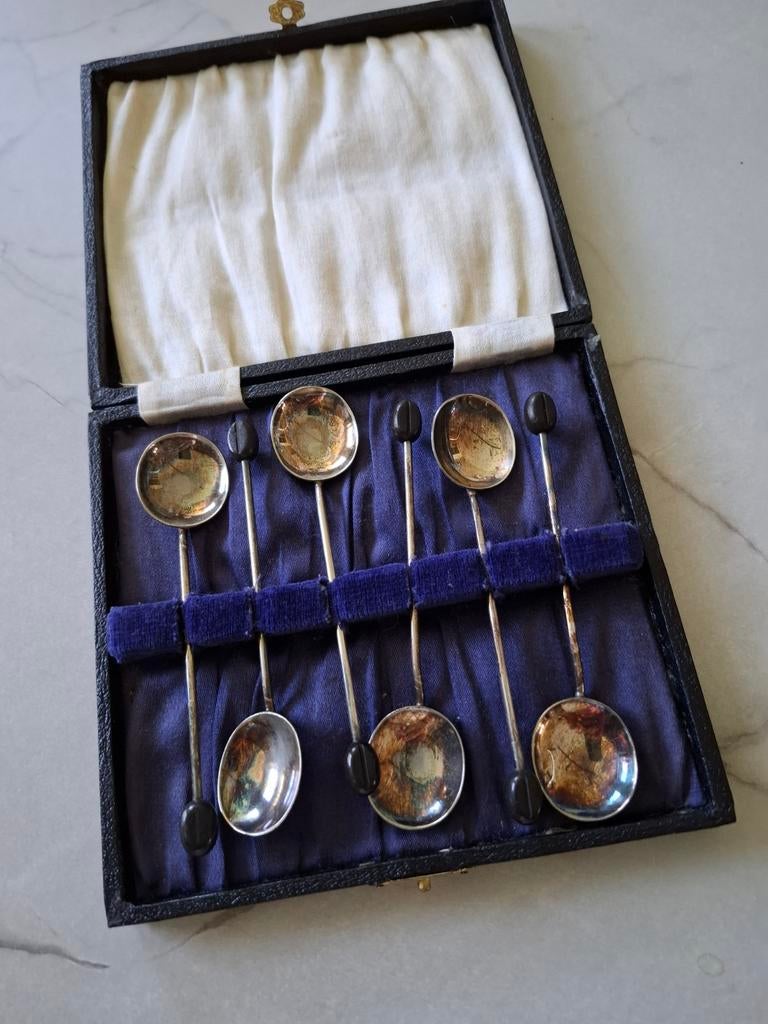 Set van 6 vintage verzilverde koffielepeltjes met boon, Ophalen of Verzenden