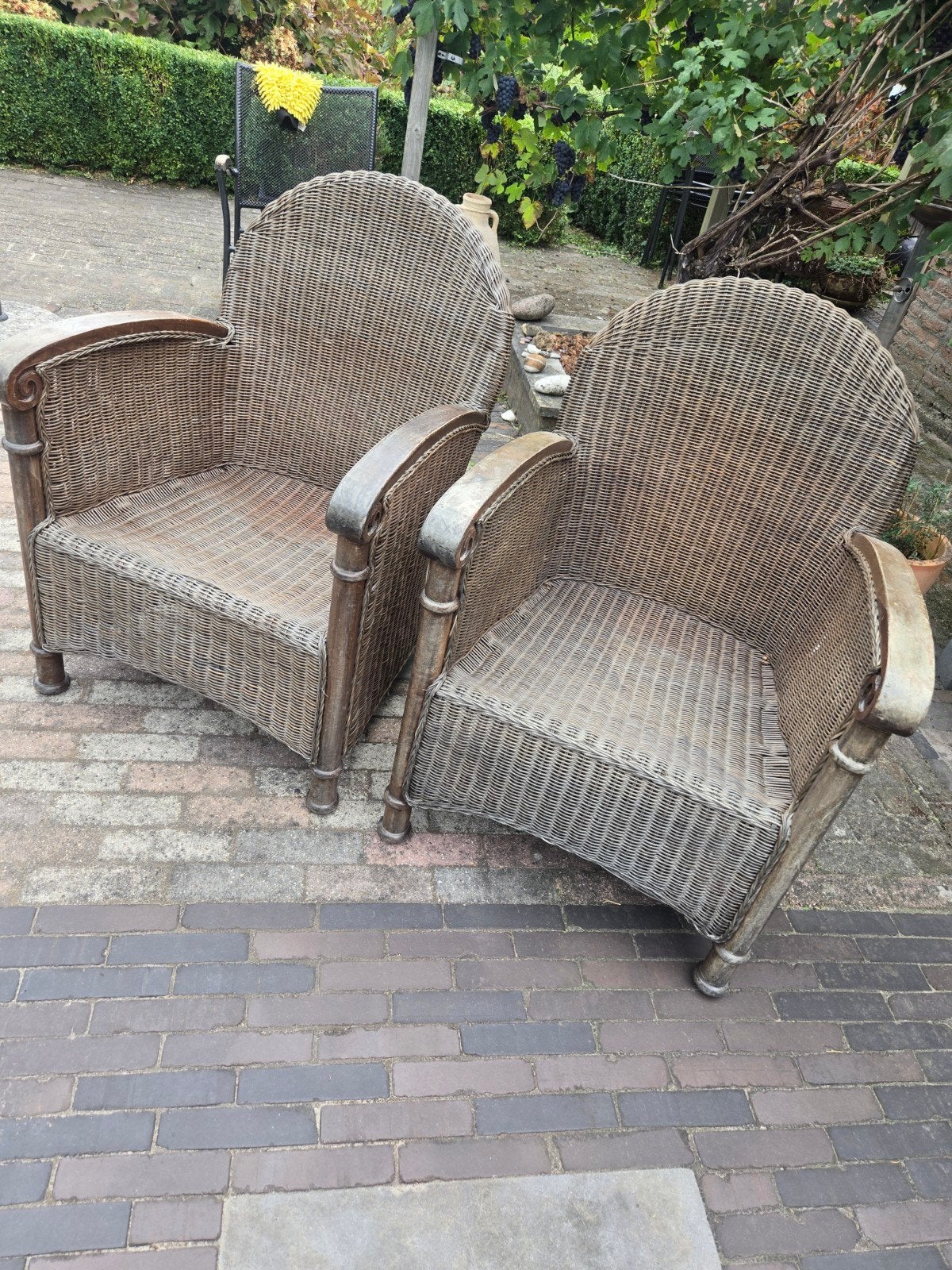 Set van 2 rotan fauteuils met kussens, Ophalen, Gebruikt, Minder dan 75 cm, 50 tot 75 cm