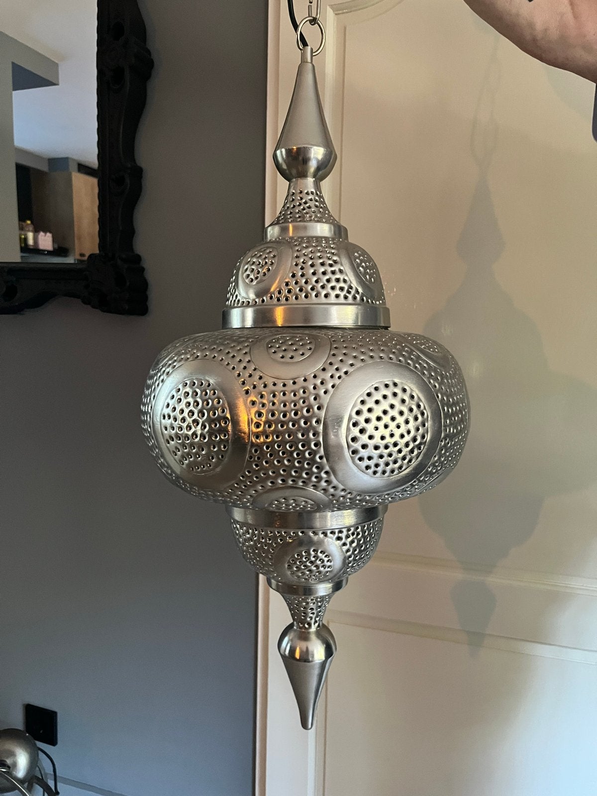 Orientaalse hanglamp - Zilverkleurig metaal, Ophalen, Zo goed als nieuw, Metaal, E27 (groot)
