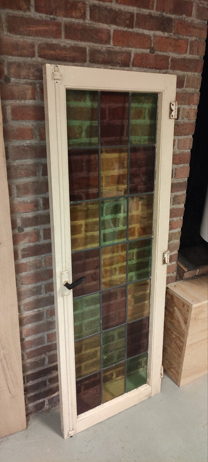 Glas in lood raam geel, paars, groen - 154x55 cm, Gevelraam of Ruit, Gebruikt, Minder dan 80 cm, Glas in lood