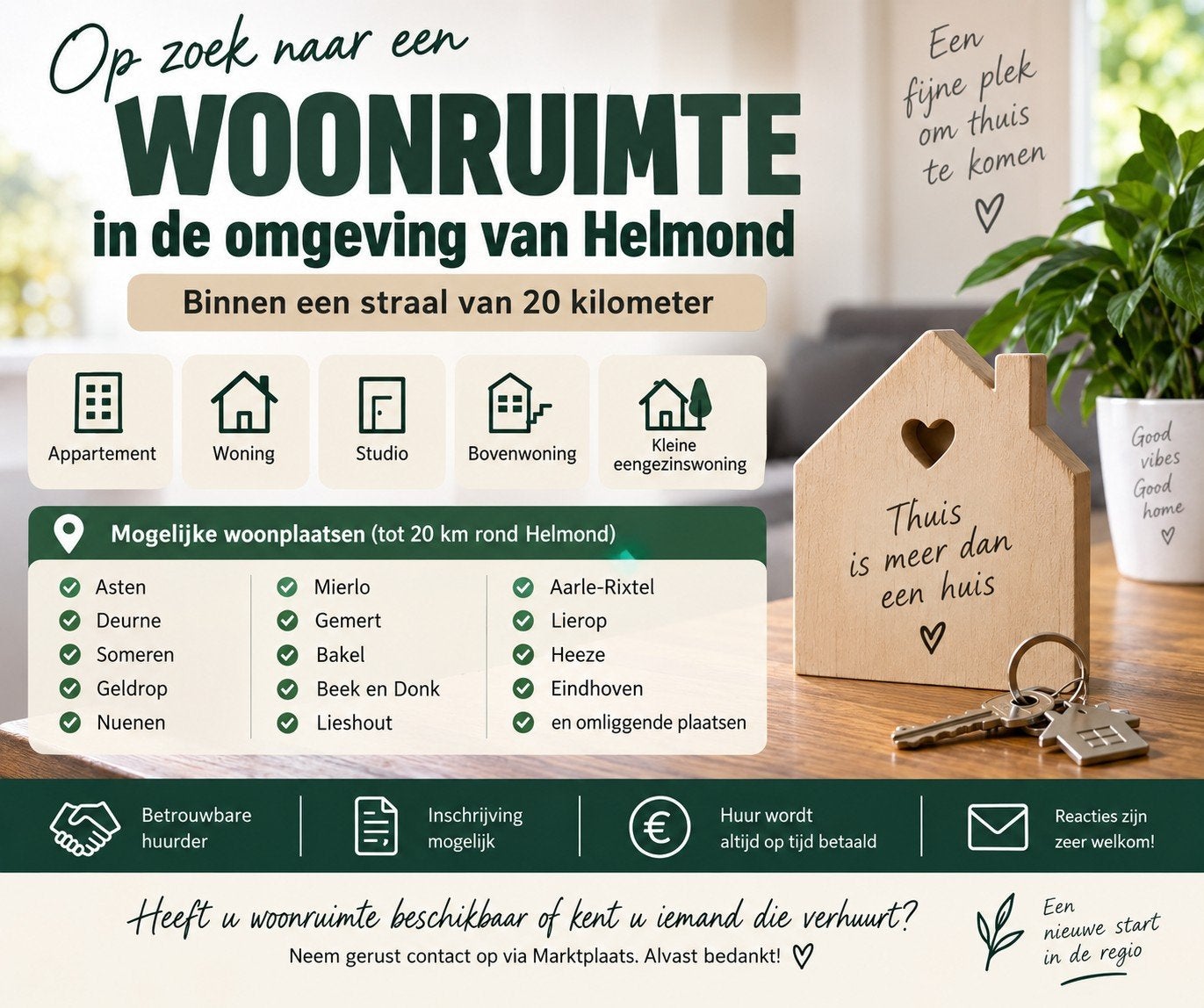 Woonruimte gezocht regio Helmond – betrouwbare huurder, Contacten en Berichten