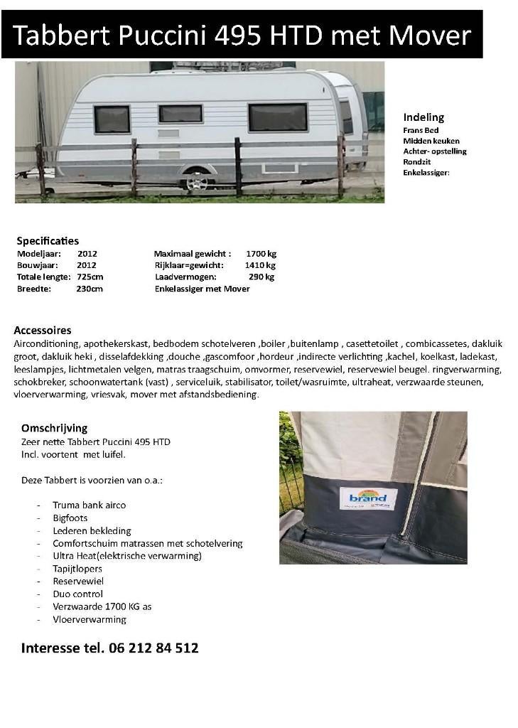 Tabbert Puccini (met stalling), Caravans en Kamperen, Caravans, Rondzit, Tabbert, Kachel, Frans bed