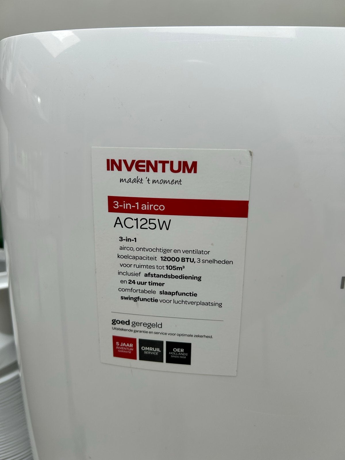 Inventum AC125W 3-in-1 Mobiele Airco - Koelen, Ontvochtigen,, Ophalen, 3 snelheden of meer, Zo goed als nieuw, Koelen en Ontvochtigen