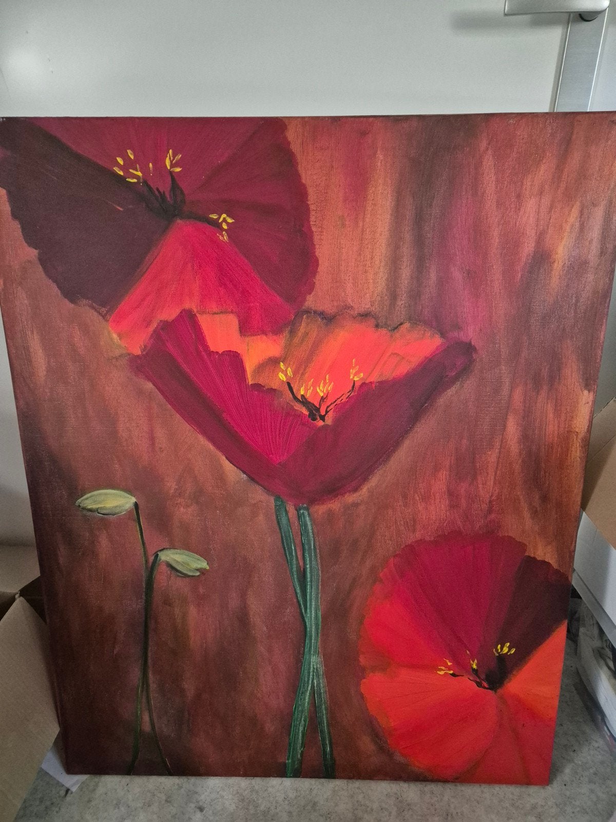 Levendig schilderij met rode klaprozen, Acrylverf, Handgeschilderd, Ophalen, Bloemen