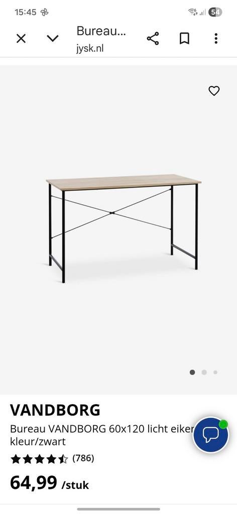 JYSK VANDBORG Bureau 60x120 licht eiken/zwart, Huis en Inrichting, Bureaus, Zwart, Hout, Nieuw, Ophalen of Verzenden