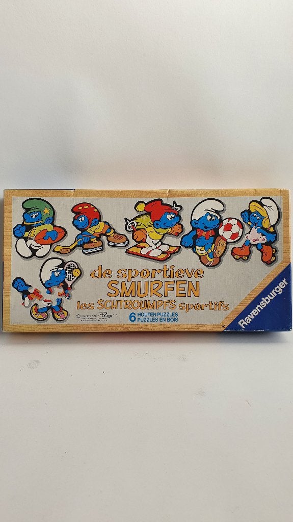De Sportieve Smurfen, vintage houten puzzels in doos. 7B14, Kinderen en Baby's, Speelgoed | Kinderpuzzels, Tweedehands verkoop