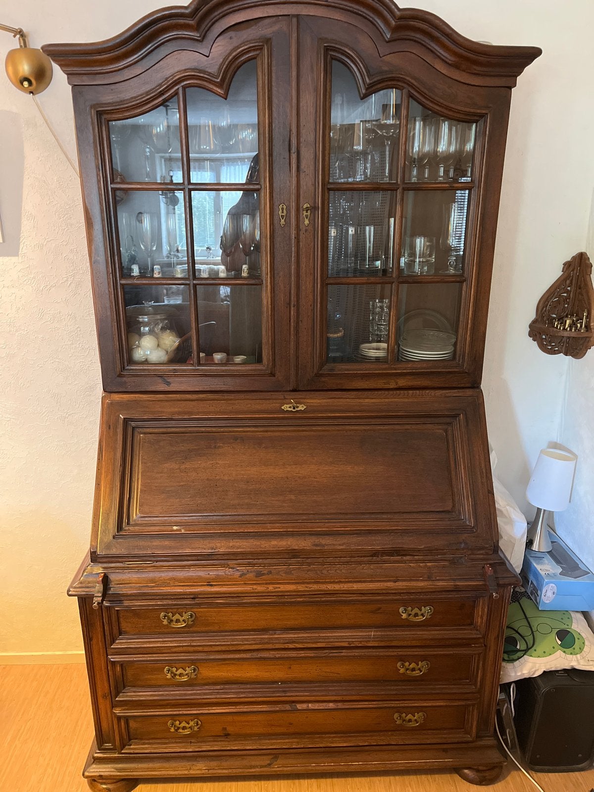 Antieke secretaire met vitrinekast - massief hout, Ophalen