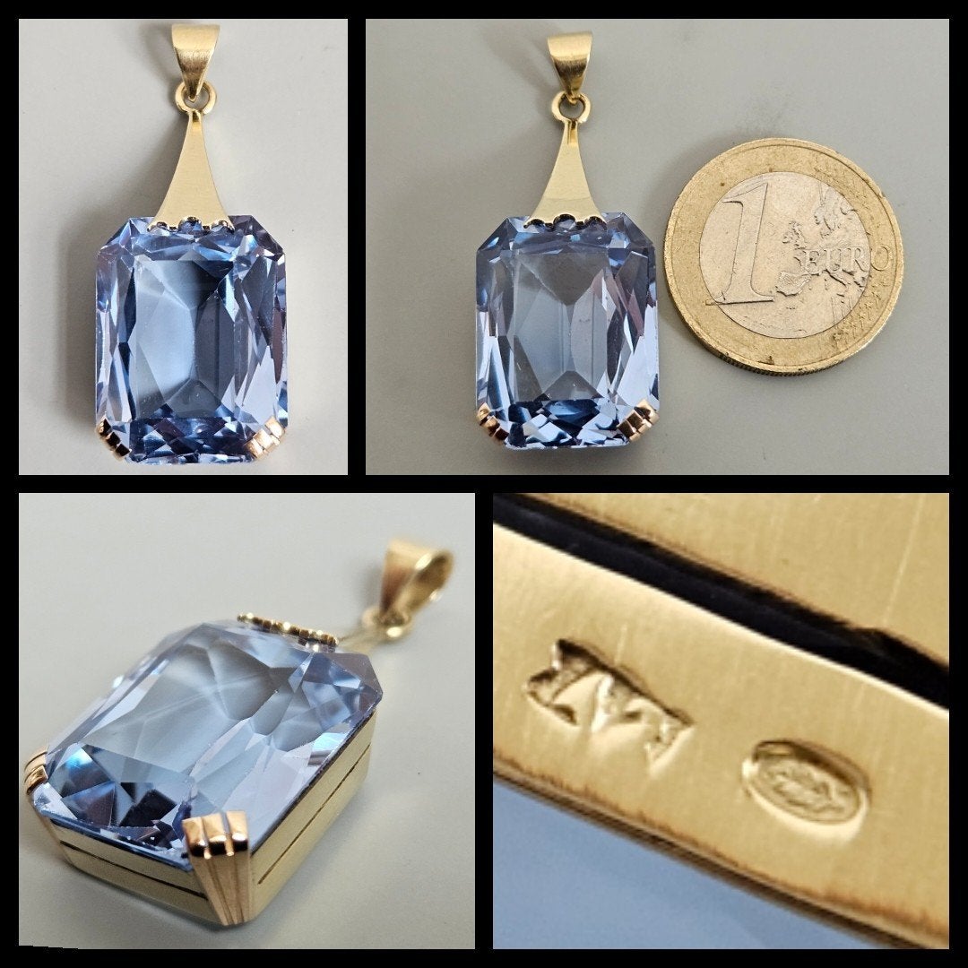 forse 14 karaats gouden hanger met geslepen blauwe steen., Ophalen of Verzenden, Goud, Hanger, Met edelsteen