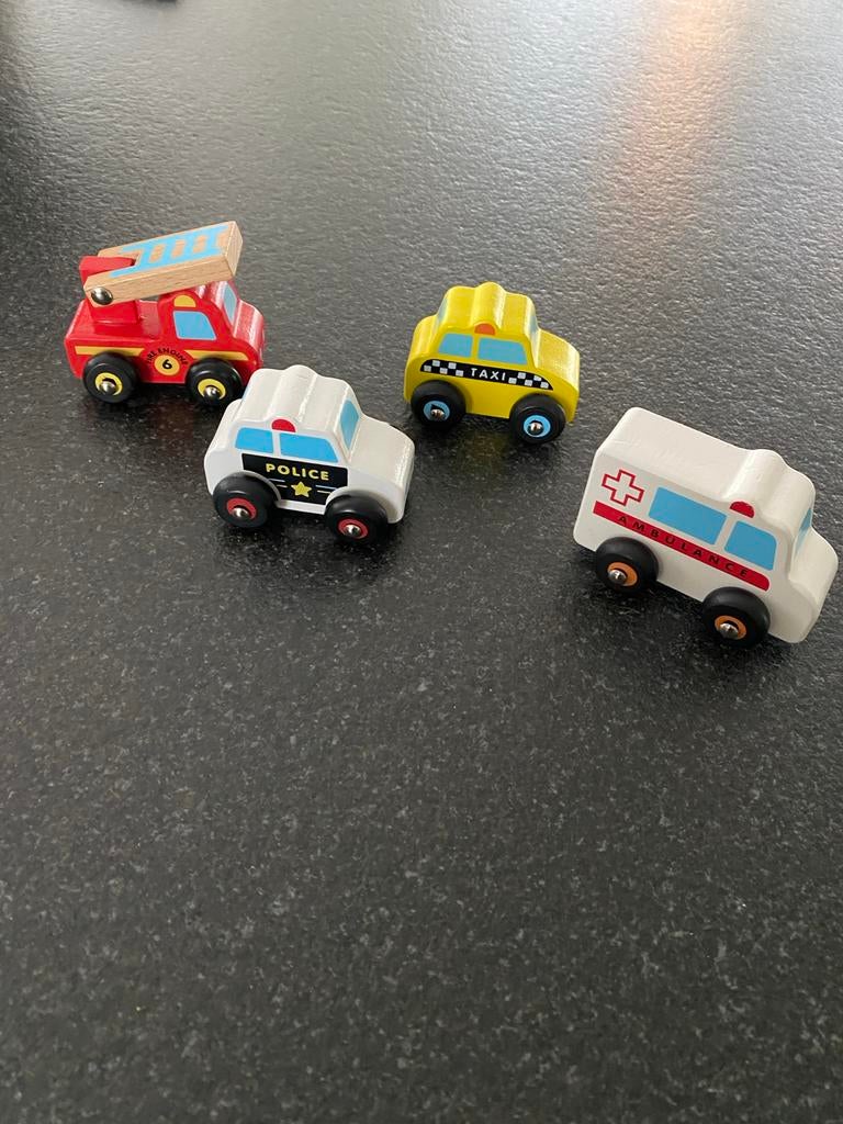 4 Nieuwe Houten Auto's: Brandweer, Politie, Taxi, Ambulance, Ophalen, Nieuw