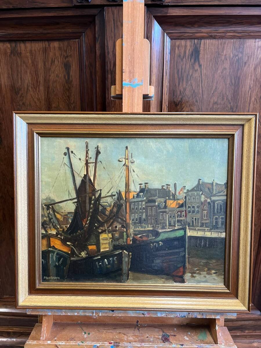 Kavel 62 - Schilderij de Kotters in Harlingen, Antiek en Kunst, Ophalen of Verzenden