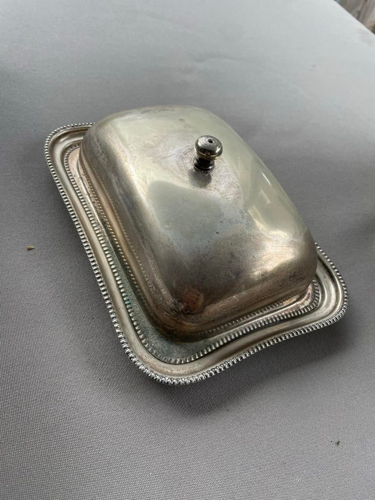 Antieke verzilverde botervloot met deksel, Antiek en Kunst, Antiek | Goud en Zilver, Ophalen of Verzenden, Zilver