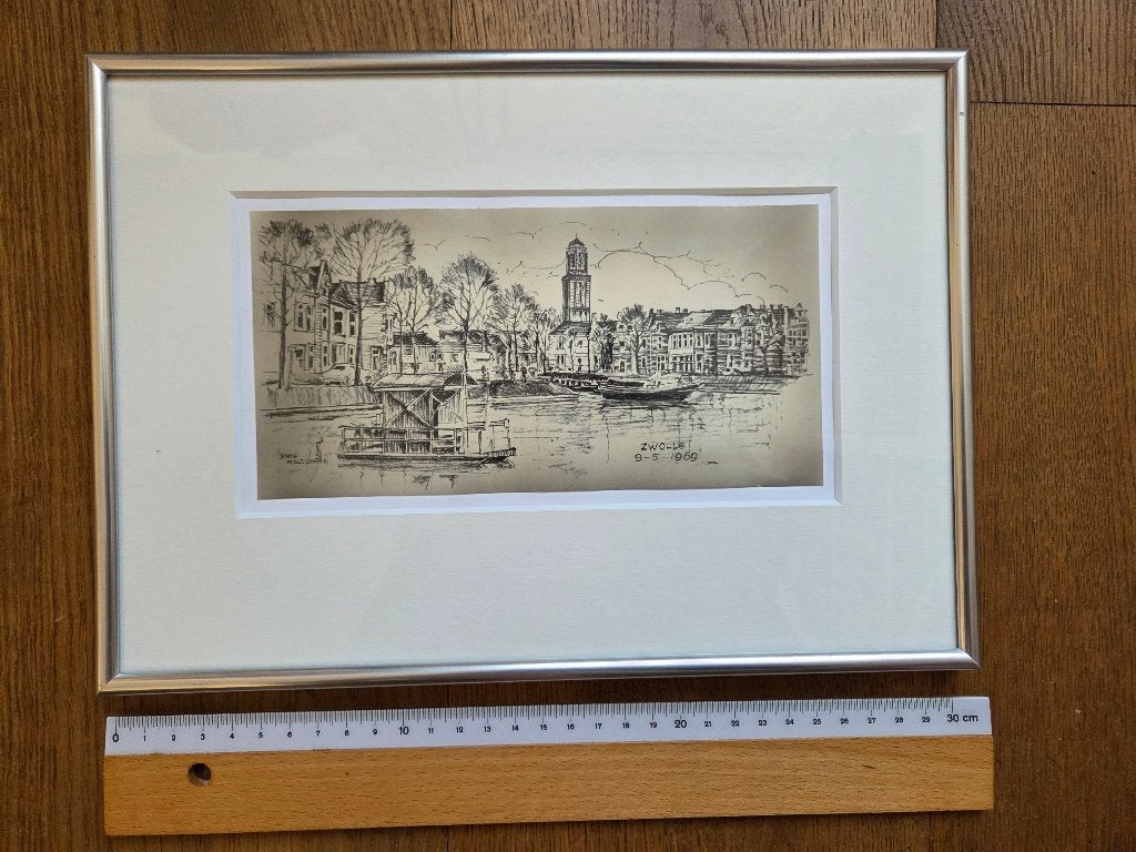 Stadsgezicht van Zwolle door Kokie Molsbergen, 1950 - 1999, Ophalen of Verzenden, 30 cm, Ingelijst