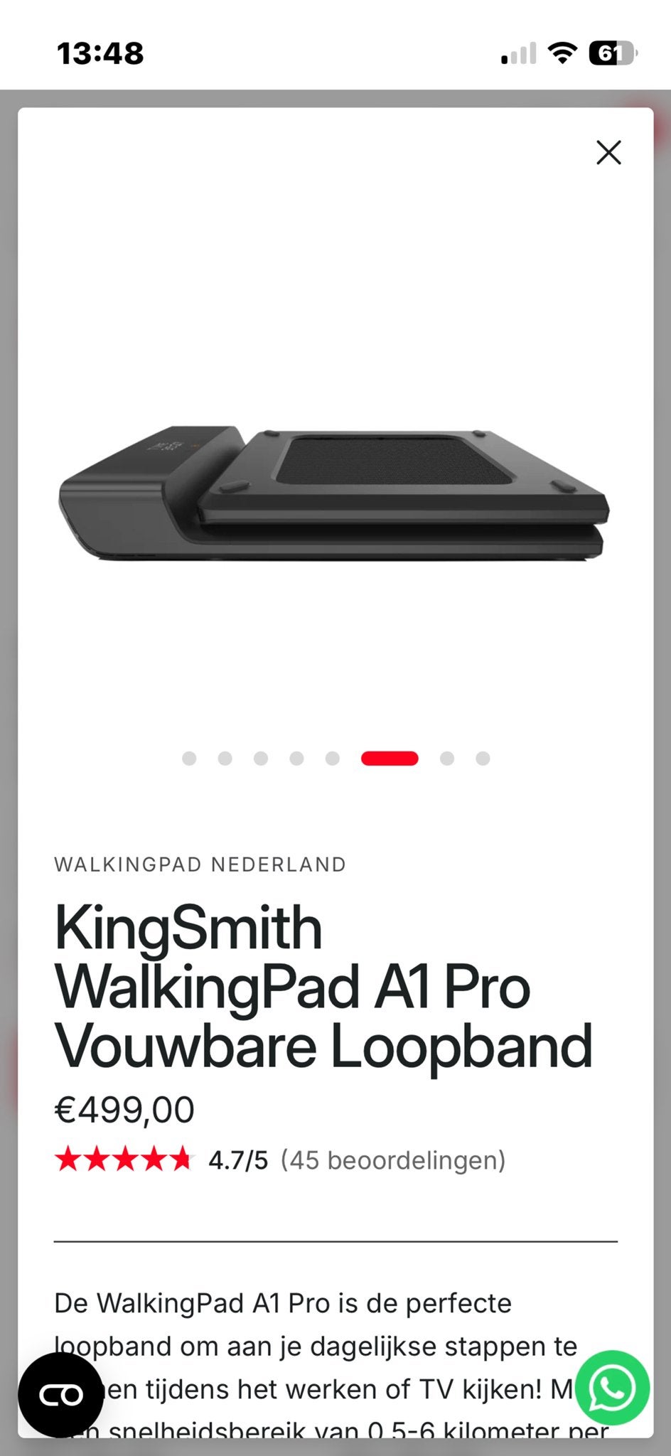 KingSmith Opvouwbare Loopband + afstandbediening, Ophalen, Zo goed als nieuw, Metaal, Loopband