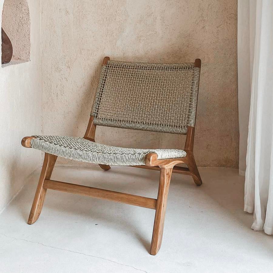 Handgemaakte stoel van teakhout, Ophalen, Bruin, Bohemian Ibiza Style, Nieuw
