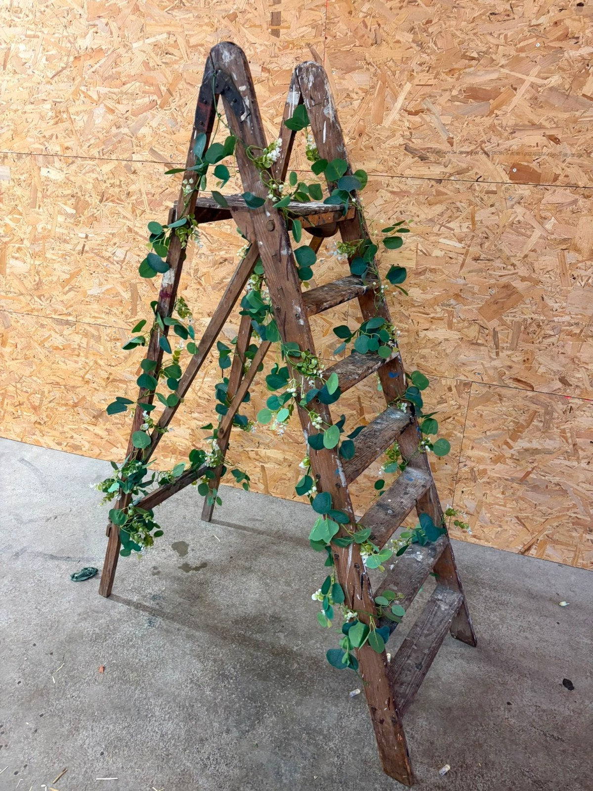 Oude schildersladder versierd met nep eucalyptus, Ophalen