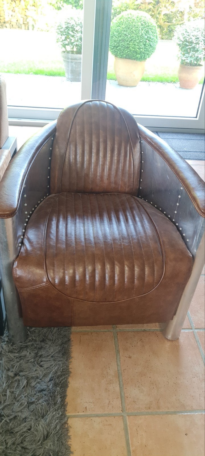 2x Vintage Aviator Fauteuil - Cognac Leer & Aluminium, Ophalen, Gebruikt, 75 tot 100 cm, Vintage, Industrieel, Aviator, Retro