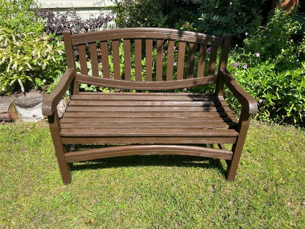 Stevige teakhouten tuinbank – klassiek model – 2-zits 120cm, Ophalen of Verzenden, Gebruikt, Teakhout