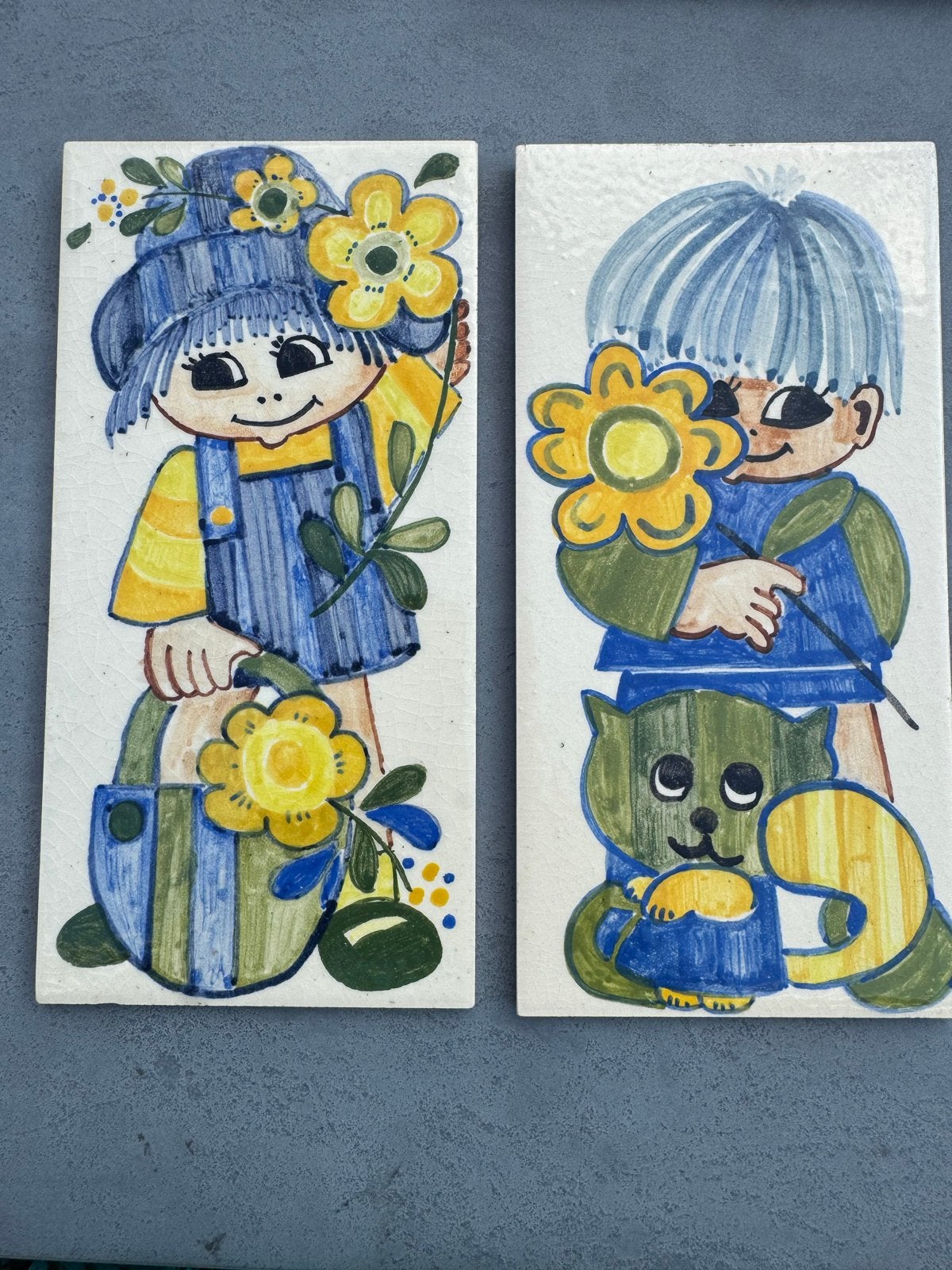 Vintage wanddecoratie tegels: jongen en meisje, Ophalen of Verzenden