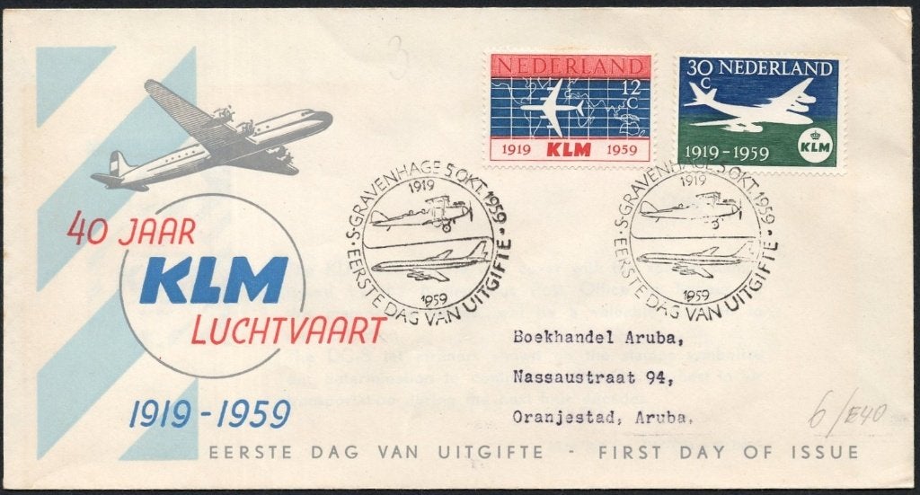 E40 - 40 jaar KLM luchtvaart 1919-1959, Postzegels en Munten, Verzenden, Beschreven, Nederland