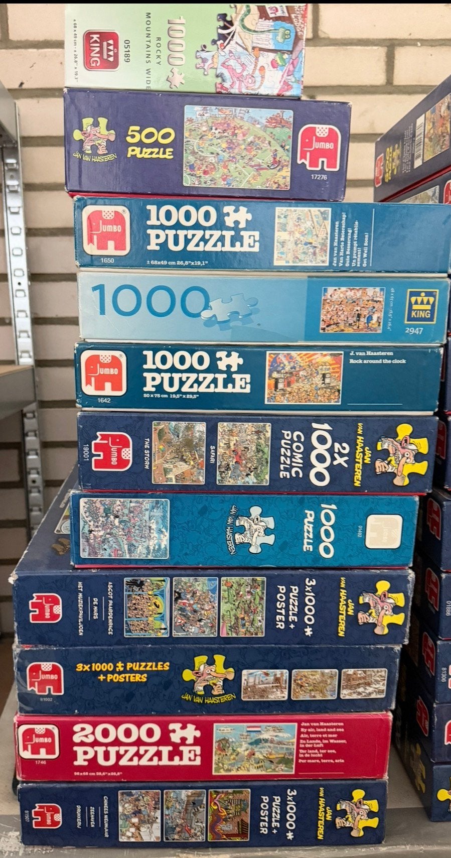 21 puzzels, op 2 na allen Jan van Haasteren, Hobby en Vrije tijd, Ophalen, 500 t/m 1500 stukjes, Gebruikt, Legpuzzel