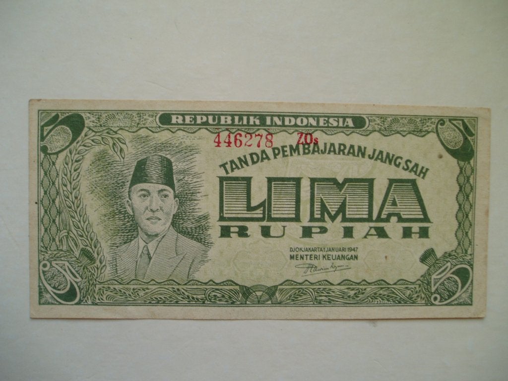 605. Indonesia, 5 rupiah 1947 Dr. Ir. Achmed Soekarno., Postzegels en Munten, Verzenden, Zuidoost-Azië, Los biljet