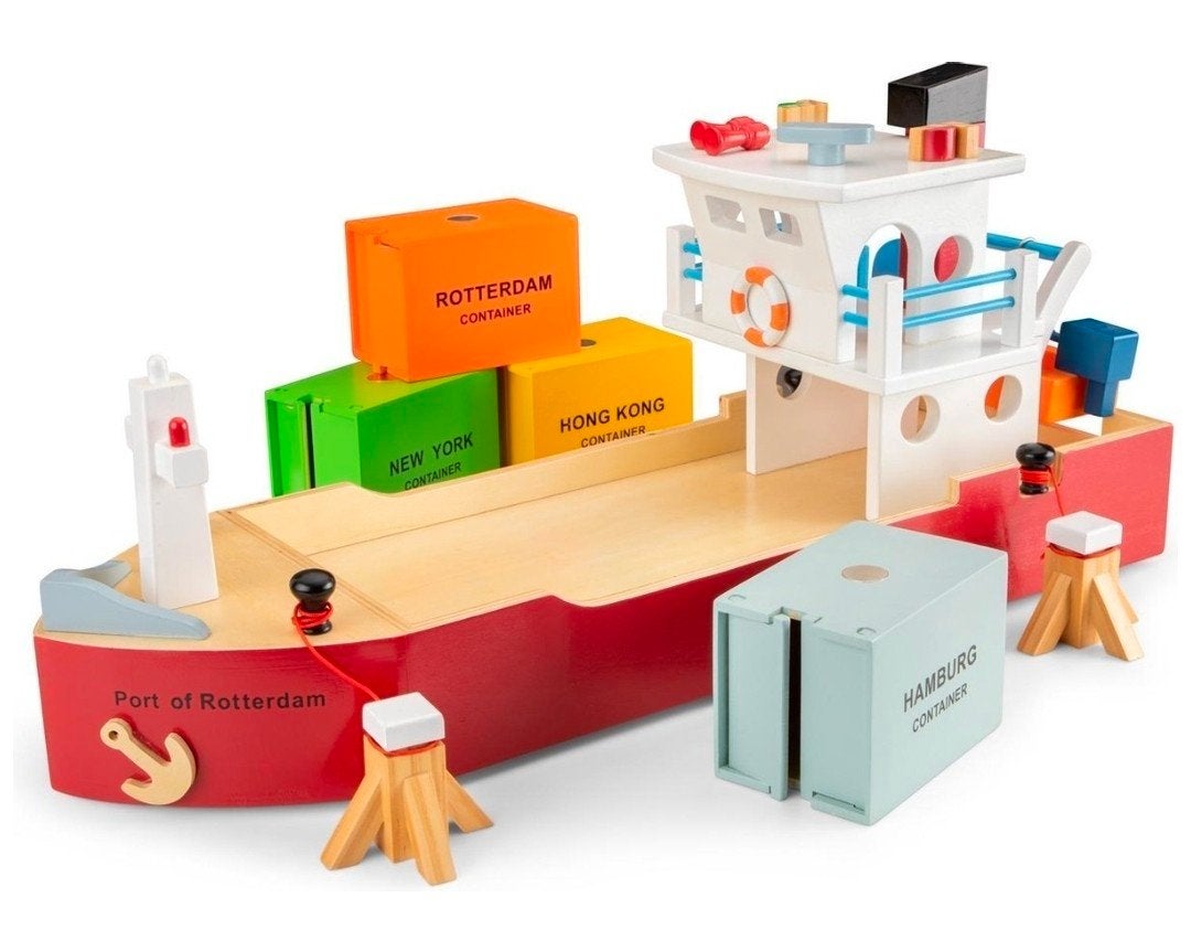 New Classic Toys Grote Houten Speelgoed Containerboot, Ophalen of Verzenden, Zo goed als nieuw, Jongen of Meisje