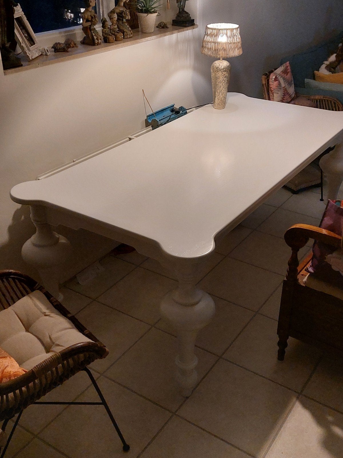 Witte houten eettafel, Ophalen, Gebruikt, 200 cm of meer, 50 tot 100 cm