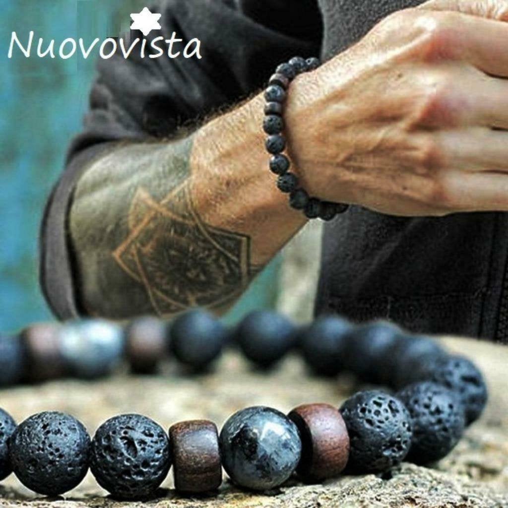 Mannen - Heren Kralen-armband Lava Hout Labradoriet, Met bedels of kralen, Verzenden, Zwart, Nieuw