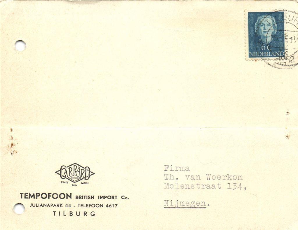 Tempofoon British Inmport Co., Tilburg - 02.1952 - briefkaar, Ophalen of Verzenden, Briefkaart