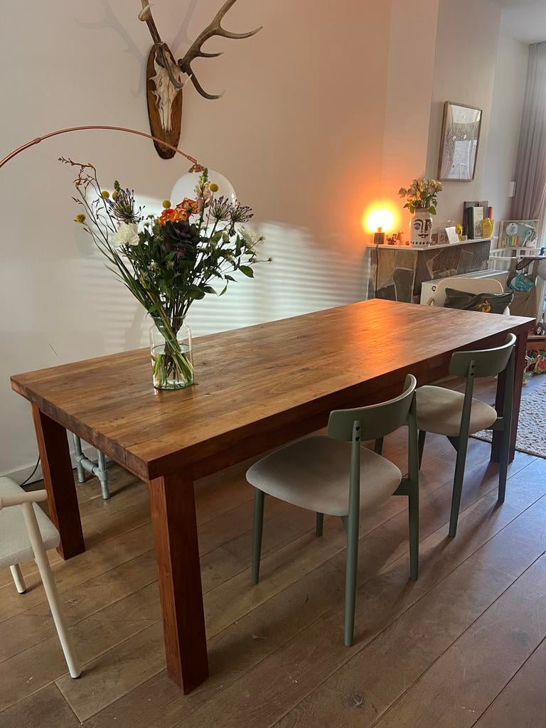 Eettafel teakhout 220x100, Ophalen, Teakhout, 200 cm of meer, 50 tot 100 cm