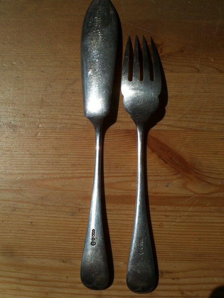 Vork en mes mooi antiek silverplate visbestek uit Engeland., Ophalen of Verzenden