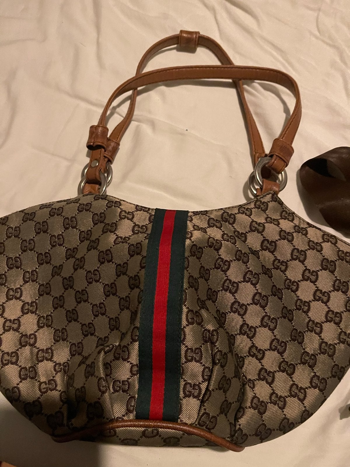 Gucci Giglio Kleine Tote Tas met GG-Canvas en Webstreep, Sieraden, Tassen en Uiterlijk, Ophalen of Verzenden, Gebruikt, Beige