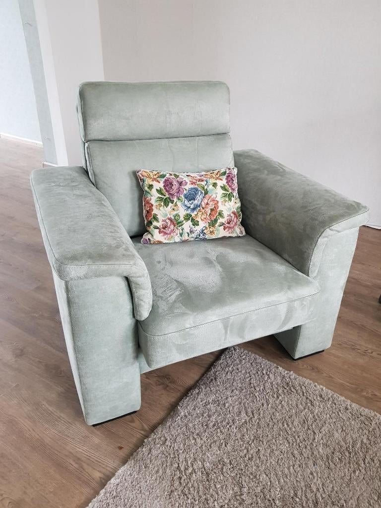 (grijs)groene fauteuil, Ophalen, 75 tot 100 cm, Zo goed als nieuw, Stof