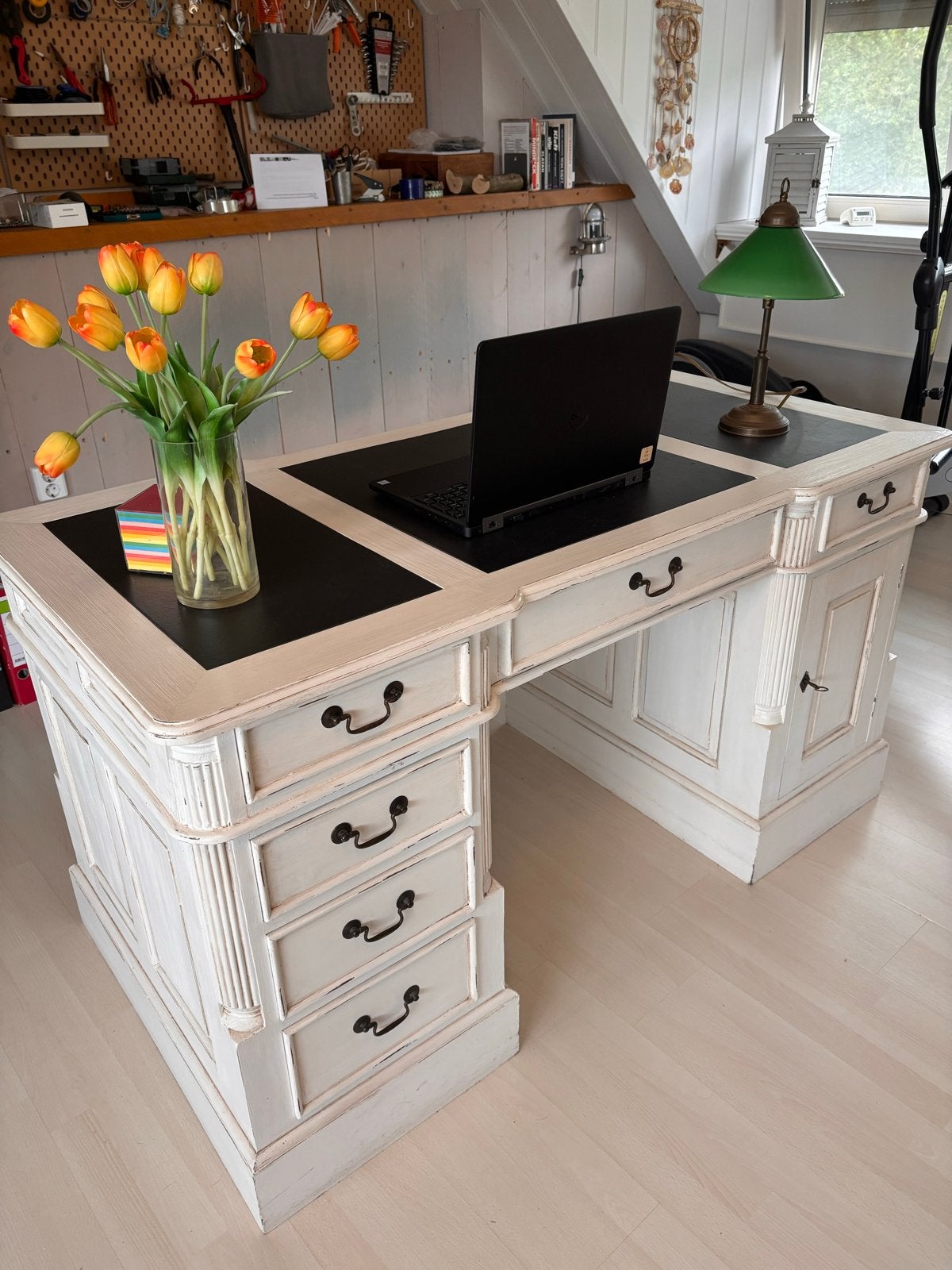 Antiek wit bureau met lades en opbergruimte, Ophalen, Gebruikt, Secretaire, Antiek