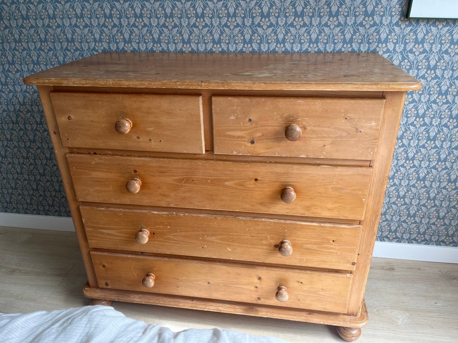 Massief grenen commode/ladekast met 5 laden, Ophalen, Gebruikt, 100 tot 150 cm, 5 laden of meer