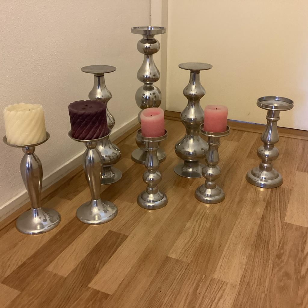 Set van 7 zilverkleurige kaarsenhouders, Ophalen of Verzenden, Zo goed als nieuw, Metaal, Grijs