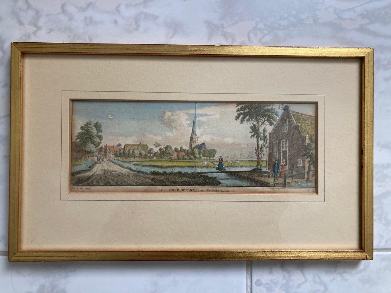 Het dorp Wilnis op Mijdrecht ziende,Jan de Beijer 1747 kleur, Met tekst, Stadsgezicht, Ophalen of Verzenden, 20 cm
