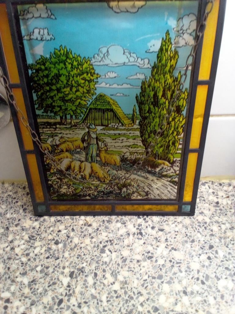 Glas in lood raamhanger met herder en schapen, Antiek en Kunst, Antiek | Glas en Kristal, Ophalen
