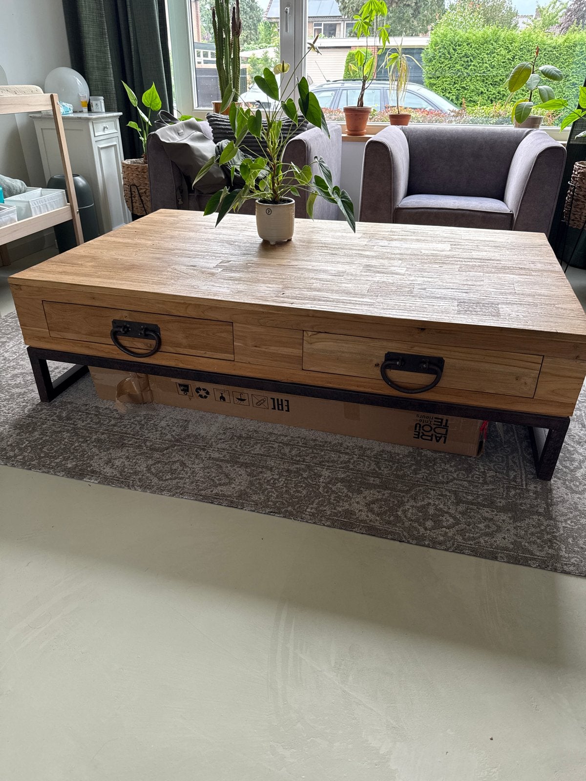 Salontafel hout met 4 lades 160x100x43cm, Huis en Inrichting, 100 tot 150 cm, Zo goed als nieuw, Rechthoekig, 50 tot 100 cm