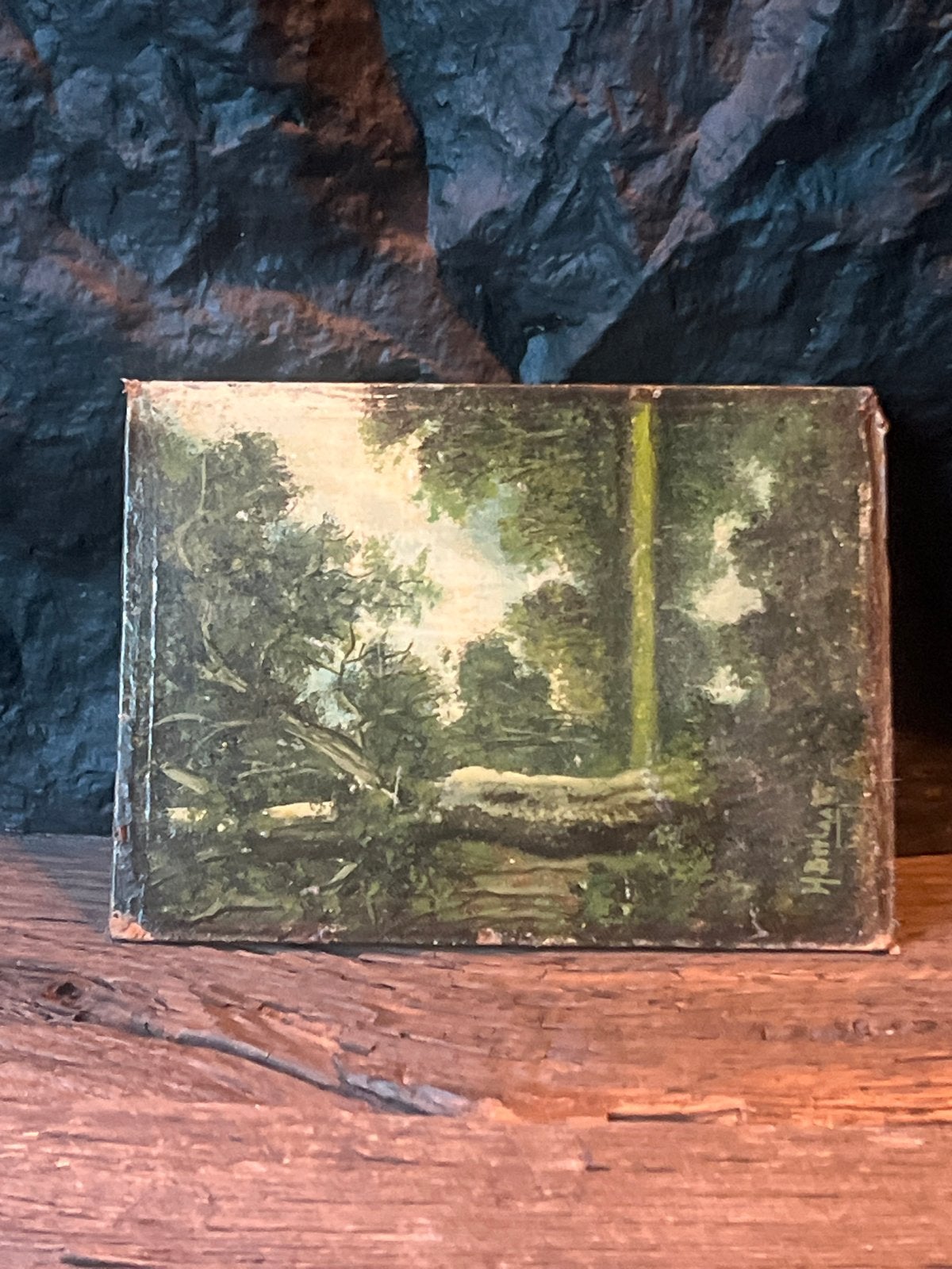 Miniatuur Schilderij: Boslandschap - Gesigneerd, Paneel, Realistisch, Ophalen of Verzenden, Gesigneerd