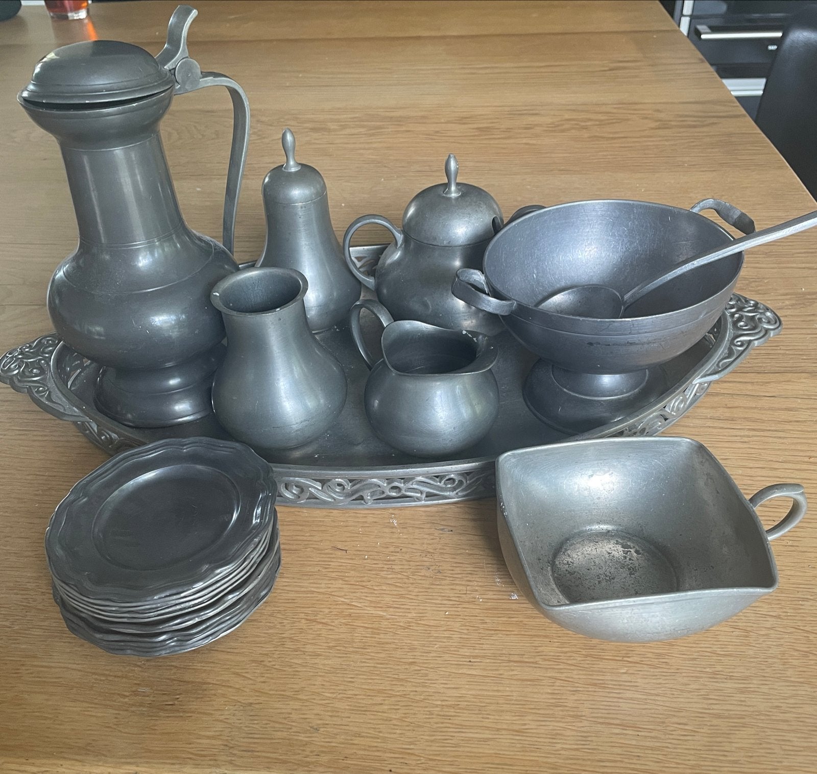 Complete Tinnen Koffie/Thee Set met Dienblad en Onderzetters, Ophalen of Verzenden