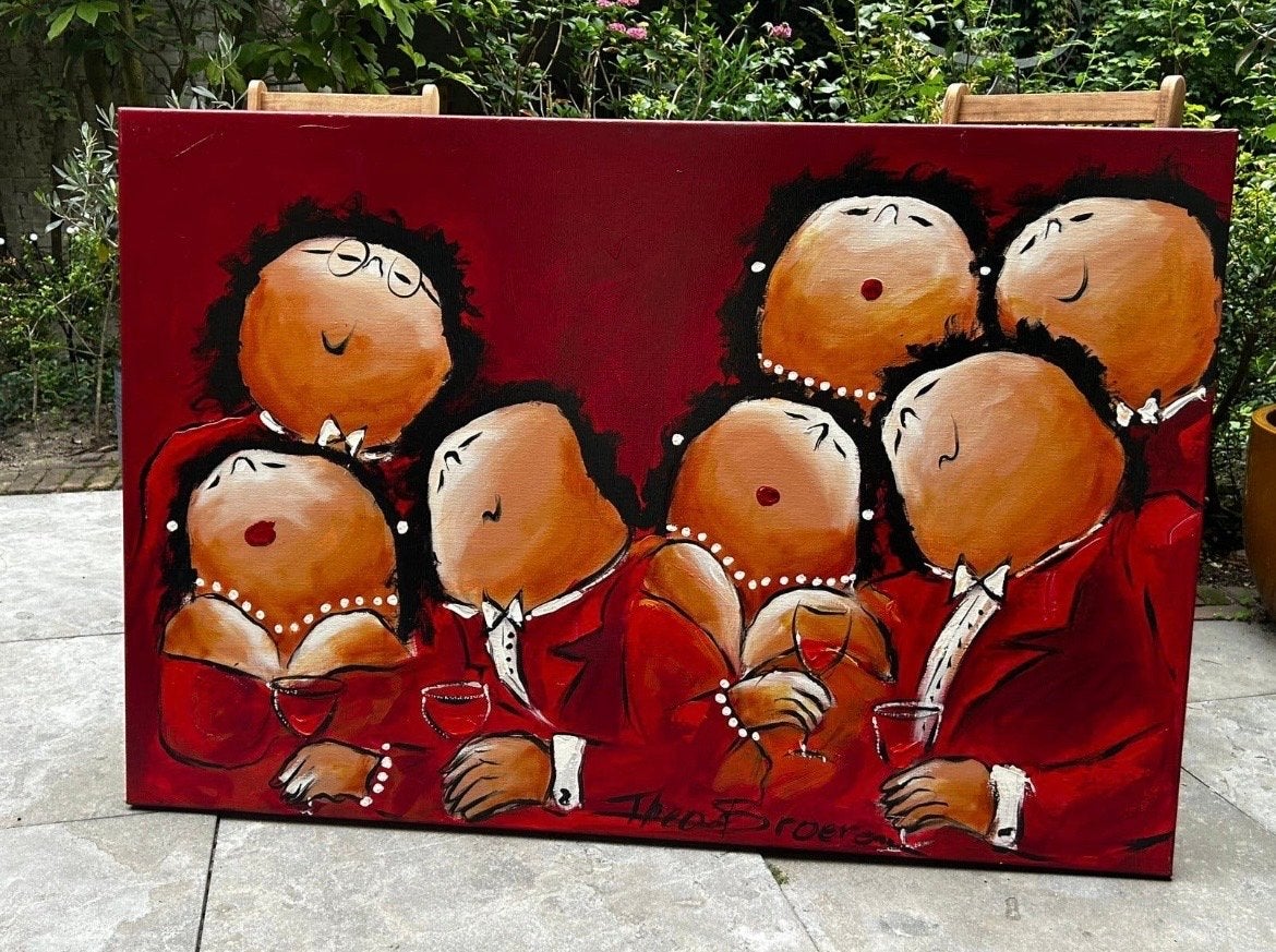 Groot schilderij Theo Broeren - Jaarclubje - Dikke Dames, Ophalen of Verzenden, Echtheidscertificaat, Textiel, Figuren