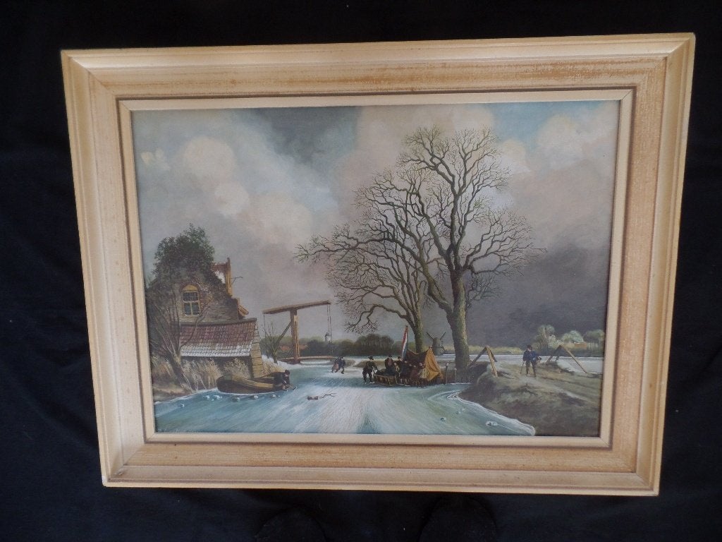 aquarel winterlandschap winter gesigneerd schaatsen, Nederlandse school, Ophalen of Verzenden, Aquarel, Stads- / dorpsgezicht