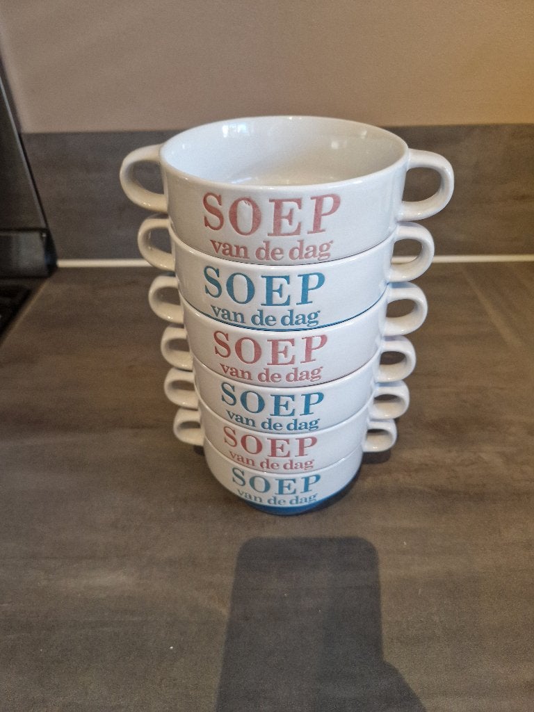 Set van 6 soepkommen met oren – "Soep van de dag, Ophalen, Zo goed als nieuw, Kom(men), Overige stijlen